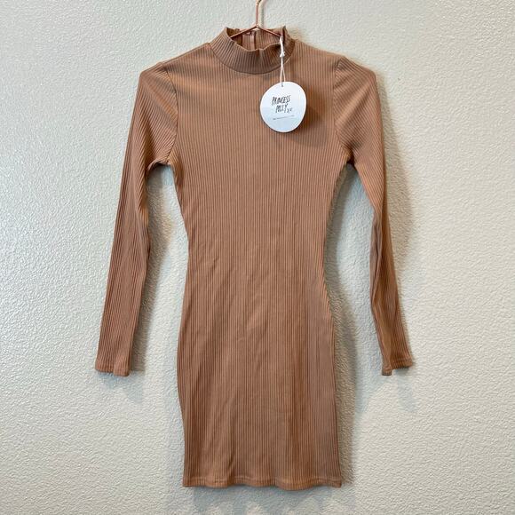 Princess Polly Savoy Long Sleeve Mini Dress Beige Tan Ribbed Knit Mock Neck - Picture 5 of 9